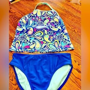 OP Girls Swimsuit Size 10/12 Medium Tankini Blue Paisley Peace Sign 2pc Bathing